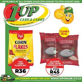 1UP catalogue week 33 Page 6: 7am Corn Flakes €36,00, Allsome long grain parboiled rice €45,00