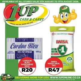1UP catalogue week 33 Page 3: Iwisa maize meal €47,00, Cordon Bleu Margarine €20,00