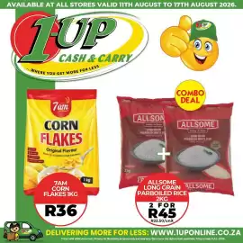 1UP catalogue week 33 Page 6: 7am Corn Flakes €36,00, Allsome long grain parboiled rice €45,00