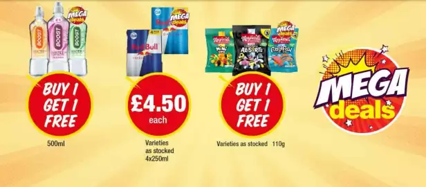 Premier Stores leaflet Page 3: Red Bull energy drink €4,50, Boost water €1,00