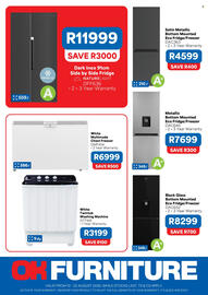 OK Furniture catalogue Page 2: NATURELIGHT Side by Side Fridge €11.999,00, White Multimode Chest Freezer DMF454 €6.999,00