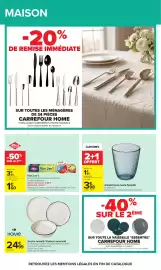 Catalogue Carrefour page 68: HOME Service vaisselle 12 pièces moucheté €24,99, Luminarc Gobelet forme haute Pampille €3,98