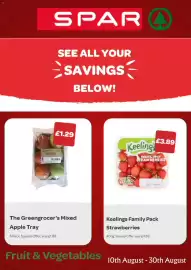 Spar leaflet Page 1: The Greengrocer's Mixed Apple Tray €1,29, Keelings family pack strawberries €3,89