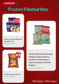 Spar leaflet Page 5: Cadbury caramel / dairy milk / crunchie tubs €3,10, Chicken With Attitude Crispy Tenders €4,50
