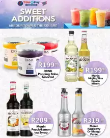Take 'n Pay catalogue Page 17: Monin Peach/Lemon tea Syrup €209,99, Monin Mojito/Pina Colada Mixers €199,99
