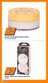 Catalogue Action semaine 33 page 18: Max & More Poudre de fixation €1,99, Wilkinson Rasoir Sword Intuition €4,79