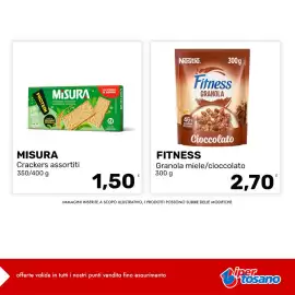 Volantino Iper Tosano settimana 33 Pagina 1: Fitness Granola Cioccolato €2,70, Misura crackers assortiti €1,50