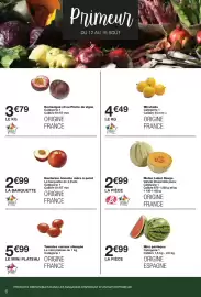 Catalogue Monoprix page 6: Nectarine blanche mûre à point €2,99, Label Rouge Melon €2,99