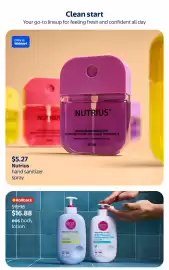 Walmart flyer Page 15: Nutrius hand sanitizer spray €5,27, Eos body lotion €16,88