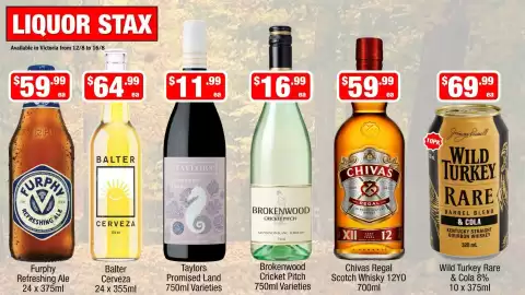 Liquor Stax catalogue Page 1: Wild Turkey Rare & Cola €69,99, Brokenwood Cricket Pitch 750ml Varieties €16,99