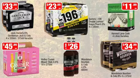 Liquor Stax catalogue Page 12: Suntory -196 Double Lemon €23,99, Harvest Lane Cask 4 Litres Varieties €11,99