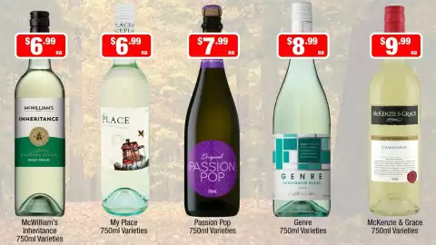 Liquor Stax catalogue Page 4: McKenzie & Grace 750ml Varieties €9,99, Genre 750ml Varieties €8,99