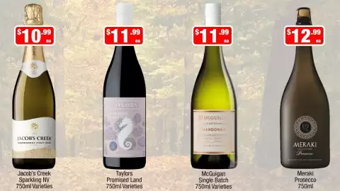 Liquor Stax catalogue Page 5: Jacob's Creek Sparkling NV Varieties €10,99, Meraki Prosecco €12,99