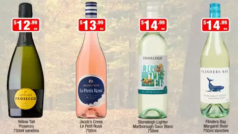 Liquor Stax catalogue Page 6: Flinders Bay Margaret River 750ml Varieties €14,99, Yellow Tail Prosecco 750ml varieties €12,99