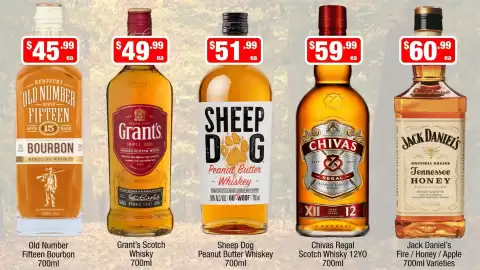 Liquor Stax catalogue Page 9: Chivas Regal Scotch Whisky 12YO €59,99, Old Number Fifteen Bourbon €45,99
