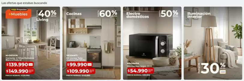 Catálogo Easy Página 6: Mademsa - microondas negro 20 lt €54.990,00, Comedor 4 sillas romance blanco/natural €139.990,00