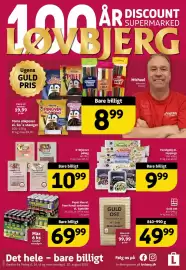 Løvbjerg tilbudsavis uge 33 Side 1: Toms slikposer el. Go´e stænger 100-130 g €8,99, Færdigdej el. toppings €9,99