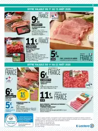 Catalogue E.Leclerc page 3: Saucisse de veau €5,94, Socopa Chipolatas Nature €9,05
