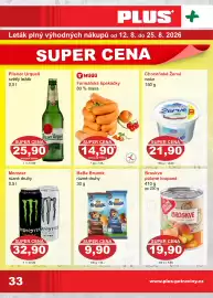 PLUS JIP leták Strana 1: Pilsner Urquell €25,90, Farmářské špekáčky €14,90