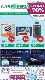 Volantino La Saponeria Pagina 1: Nicky Milleusi bobina €2,99, Borotalco bagnodoccia €2,44