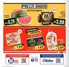 Volantino SuperW Pagina 12: Wurstel pollo e tacchino Wudy AIA €1,99, Detersivo Marsiglia Omino Bianco €3,89
