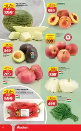 Auchan akciós újság hét 33 Oldal 4: Őszibarack €599,00, Piel de Sapo Sárgadinnye €399,00