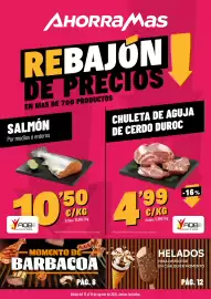Folleto AhorraMas semana 33 Página 1: ADB chuleta de aguja de cerdo duroc €4,99, Salmón €10,50