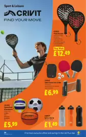 Lidl leaflet week 34 Page 28: Crivit sports ball assortment €5,99, Crivit Padel Racket €12,49