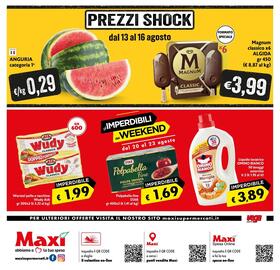 Volantino Maxi Supermercati Pagina 12: Liquido lavatrice Omino Bianco €3,89, Wurstel pollo e tacchino Wudy AIA €1,99