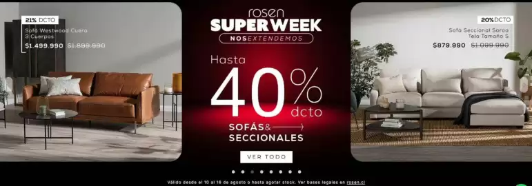 Catálogo Rosen semana 33 Página 4: Sofá regional sorao tela tamaño s €879.990,00, Sbrò westwood cuero 3 cuerpos €1.499.990,00
