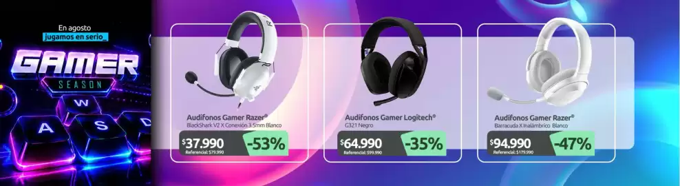 Catálogo PC Factory Página 7: Razer - audifonos gamer €94.990,00, Logitech - audifonos gamer €64.990,00