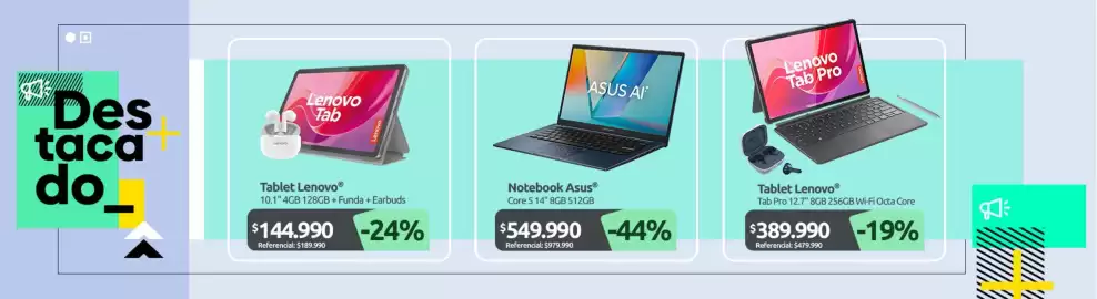 Catálogo PC Factory Página 9: Asus - notebook €549.990,00, Lenovo - tablet €389.990,00