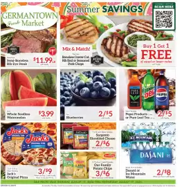 Germantown Fresh Market weekly ad week 33 Page 1: Pint Blueberries €5,00, Each Whole Seedless Watermelon €3,99