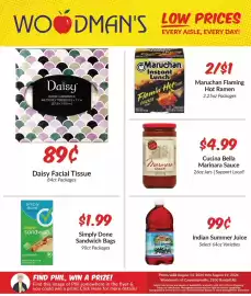 Woodman's weekly ad week 33 Page 1: Maruchan Flaming Hot Ramen €1,00, Cucina Bella Marinara Sauce €4,99