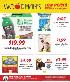 Woodman's weekly ad week 33 Page 1: Quest Protein Tortilla Chips €2,50, Lindy's Italian Ice €1,99
