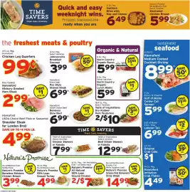 Hannaford flyer week 34 Page 2: Hannaford chicken leg quarters €0,99, Nature's Promise Grass-Fed Boneless Strip Steak €14,99