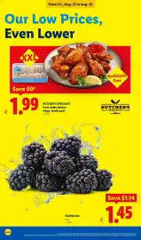 Lidl weekly ad week 34 Page 28: Butcher's Specialty fresh whole chicken wings €1,99, Blackberries €1,45