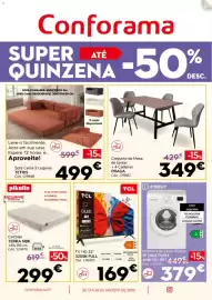 Folheto Conforama Página 1: Sofá cama 3 lugares tetrís €499,00, Conjunto de Mesa de Jantar + 4 Cadeiras Praga €349,00