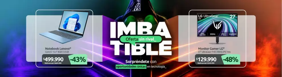 Catálogo PC Factory Página 1: Lenovo - notebook €499.990,00, Lg - monitor gamer €129.990,00