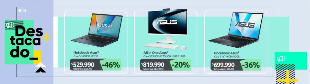 Catálogo PC Factory Página 11: Asus - notebook €699.990,00, Asus - all in one €819.990,00