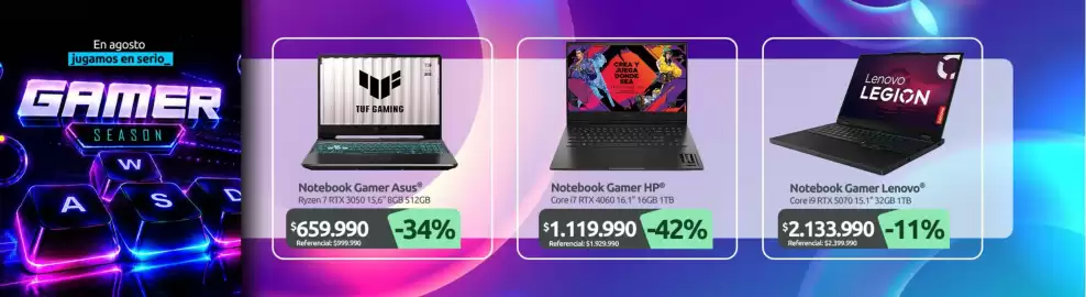 Catálogo PC Factory Página 2: Lenovo - notebook gamer €2.133.990,00, Asus - notebook gamer €659.990,00