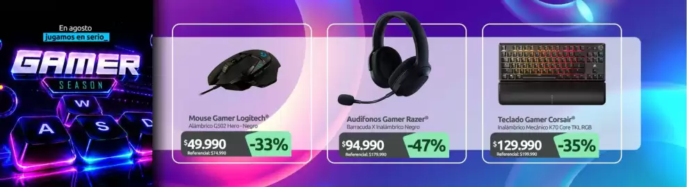 Catálogo PC Factory Página 7: Microsoft - mouse gamer logitech €49.990,00, Corsair - teclado gamer €129.990,00