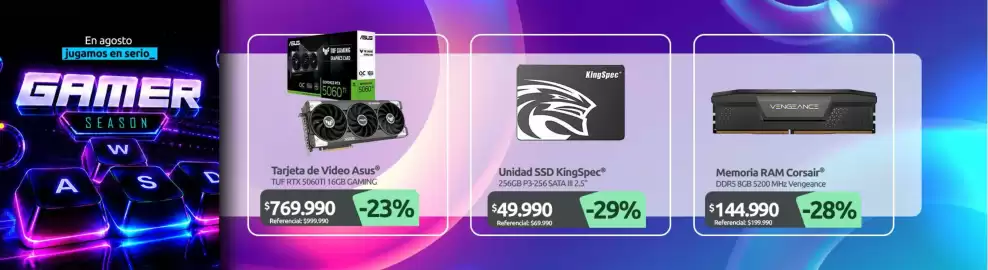 Catálogo PC Factory Página 9: Memoria ram corsair €144.990,00, Asus - tarjeta de video €769.990,00