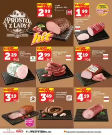 Topaz gazetka tydzień 34 Strona 12: Szynka delikatna Lukullus €2,29, Baleron wędzony Od Szymona €3,19