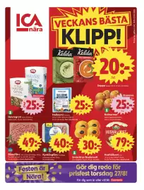 ICA Nära reklamblad vecka 34 Sida 1: Havregryn, Medlemspris, Kycklingfärs, Medlemspris