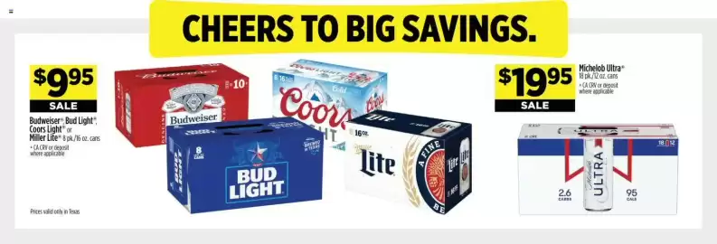 Dollar General weekly ad week 34 Page 3: Michelob Ultra €19,95, Budweiser, Bud Light, Coors Light or Miller Lite €9,95