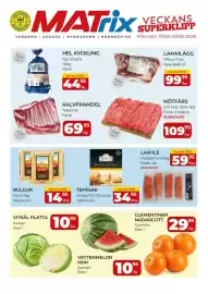 Matrix Butikerna reklamblad vecka 34 Sida 1: Hel kyckling €44,95, Lammlägg €99,95