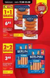 Biedronka gazetka tydzień 34 Strona 7: Parówki Berlinki Morliny, 315 g €3,48, Kiełbasa Śląska Kraina Wędlin 550 g €6,82