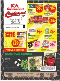ICA Supermarket reklamblad vecka 34 Sida 1: Pizzakit, Pizzadeg €22,00, Hushållsost Arla. €79,00
