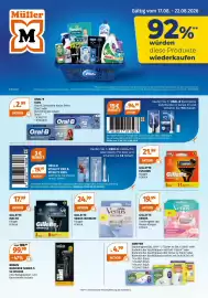 Müller Flugblatt woche 34 Seite 1: Gillette Fusion5 €21,99, Oral-B Kids Zahncreme Junior Stitch €2,99